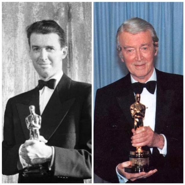 Jimmy Stewart shown earlier in his career and later holding an Academy Award
