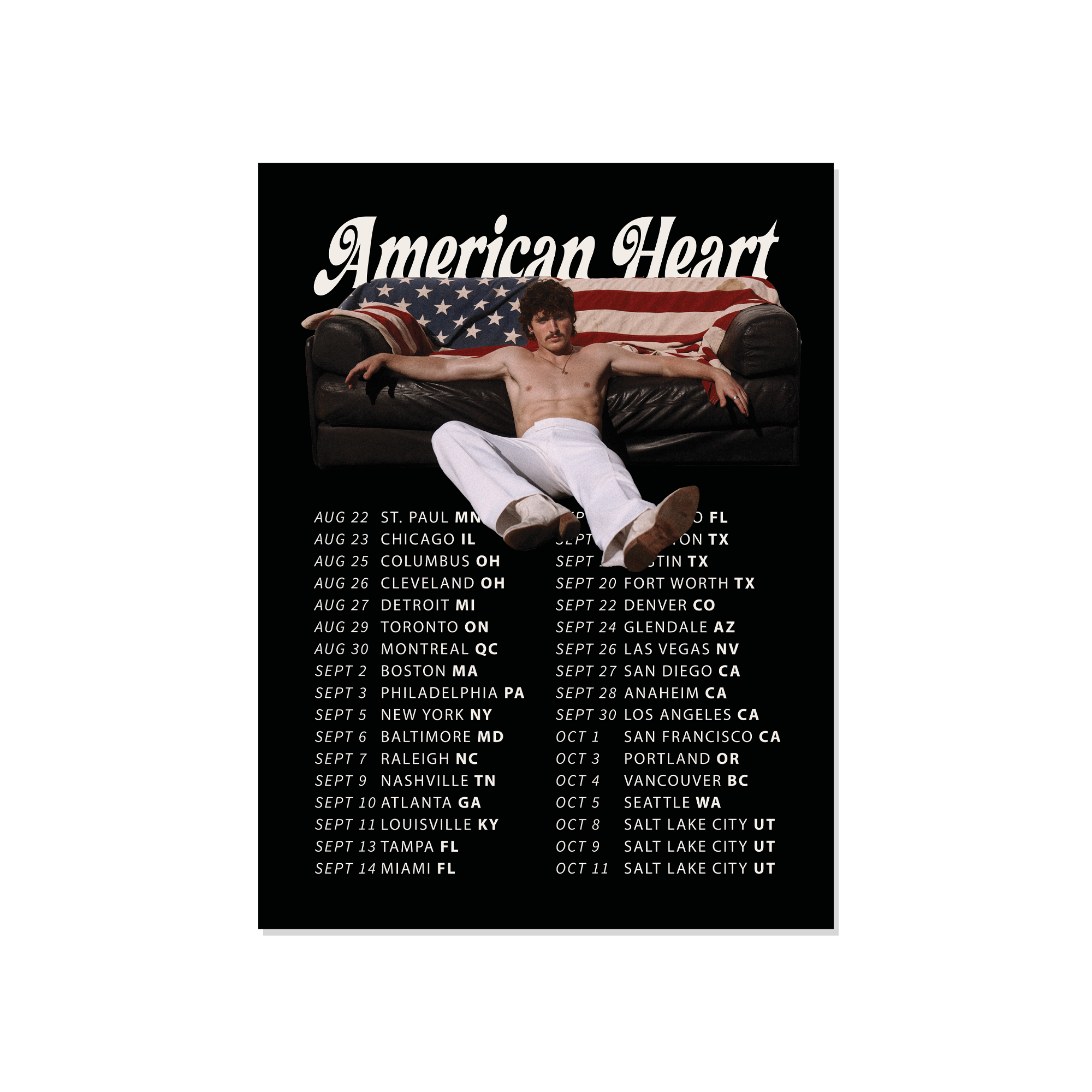 Official American Heart 2025 tour poster featuring Benson Boone seated in front of an American flag