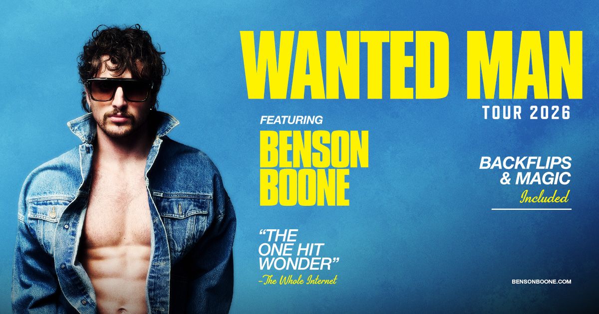 Official Wanted Man Tour 2026 poster featuring Benson Boone in a denim jacket against a blue background