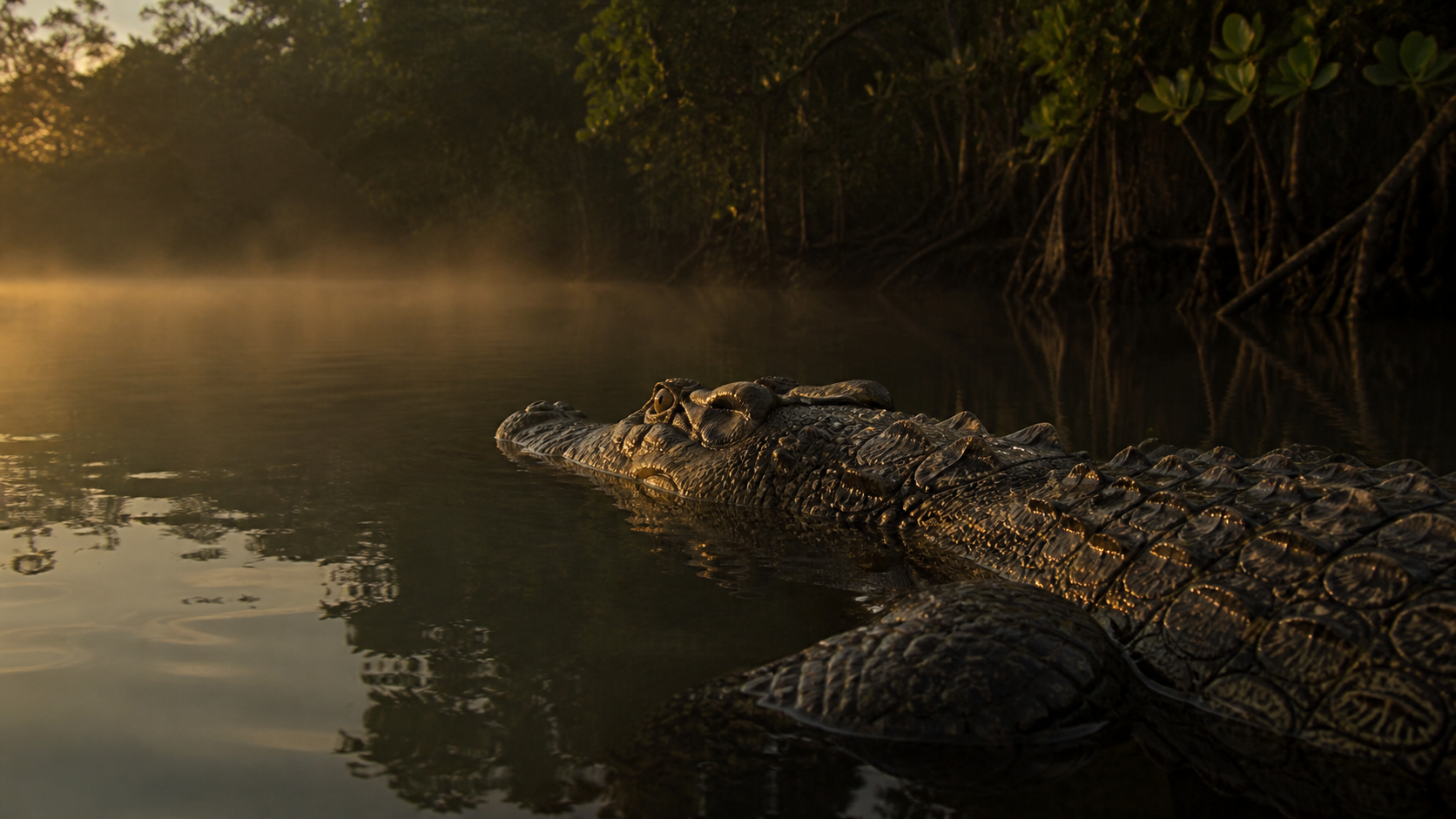 A crocodilian half-submerged at the waterline