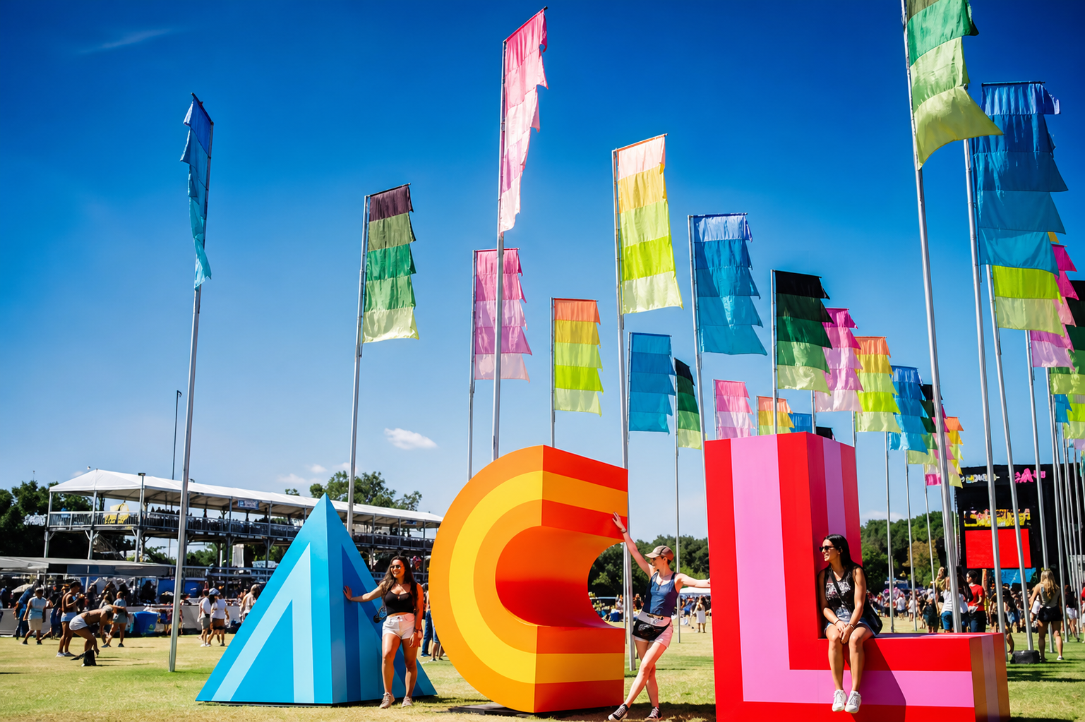 Colorful ACL letters and flags at Zilker Park